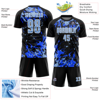 Custom Black Light Blue Royal-White Fluid Art Splash Sublimation Soccer Uniform Jersey