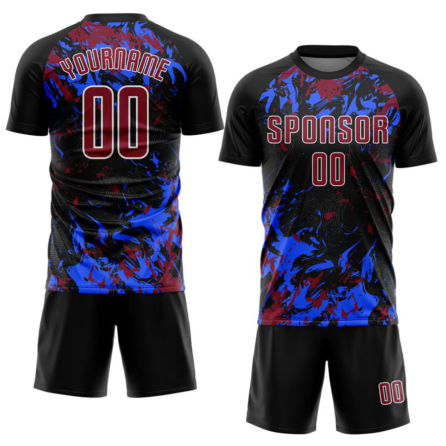 Custom Black Crimson Royal-White Fluid Art Splash Sublimation Soccer Uniform Jersey