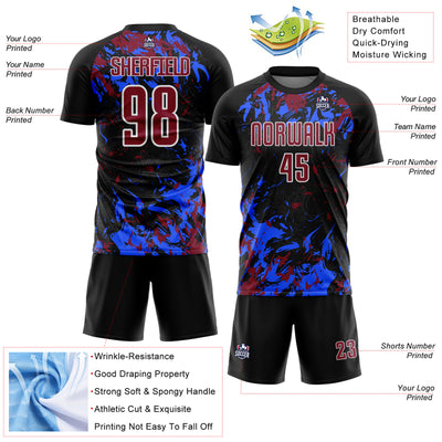 Custom Black Crimson Royal-White Fluid Art Splash Sublimation Soccer Uniform Jersey
