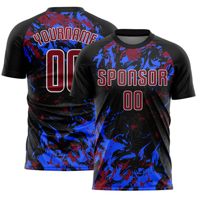 Custom Black Crimson Royal-White Fluid Art Splash Sublimation Soccer Uniform Jersey