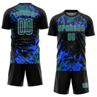 Custom Black Teal Royal-White Fluid Art Splash Sublimation Soccer Uniform Jersey