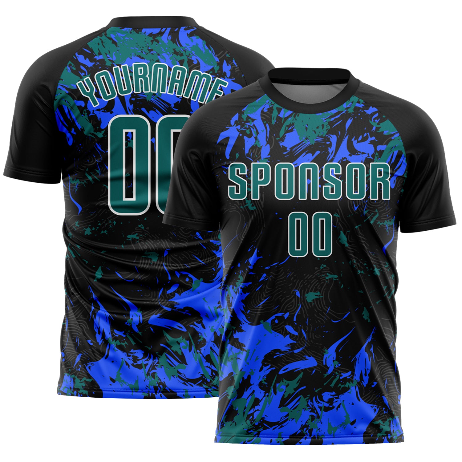 Custom Black Teal Royal-White Fluid Art Splash Sublimation Soccer Uniform Jersey
