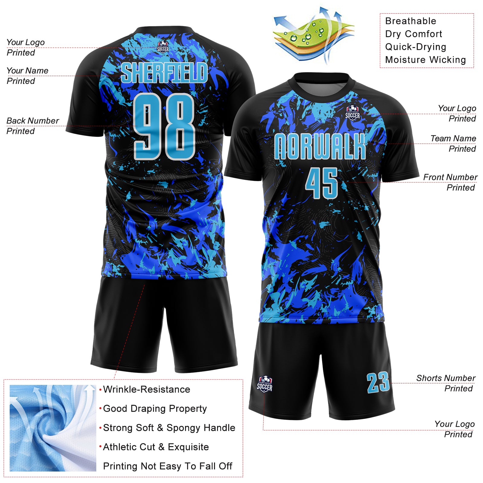 Custom Black Sky Blue Royal-White Fluid Art Splash Sublimation Soccer Uniform Jersey