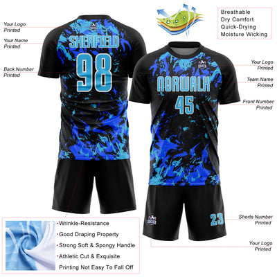 Custom Black Sky Blue Royal-White Fluid Art Splash Sublimation Soccer Uniform Jersey