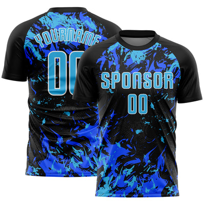 Custom Black Sky Blue Royal-White Fluid Art Splash Sublimation Soccer Uniform Jersey