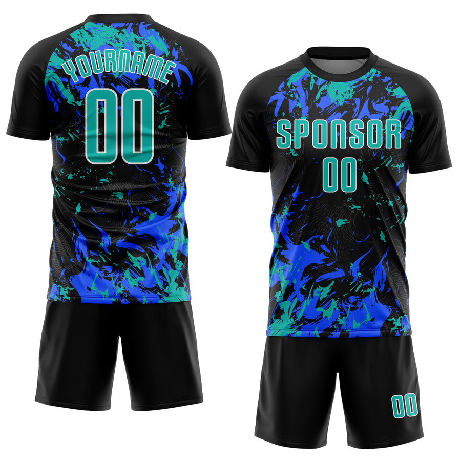 Custom Black Aqua Royal-White Fluid Art Splash Sublimation Soccer Uniform Jersey