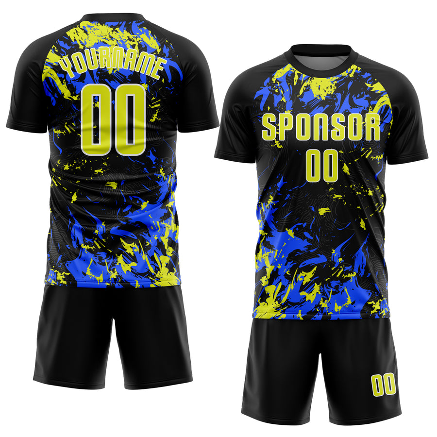 Custom Black Neon Yellow Royal-White Fluid Art Splash Sublimation Soccer Uniform Jersey