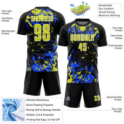 Custom Black Neon Yellow Royal-White Fluid Art Splash Sublimation Soccer Uniform Jersey