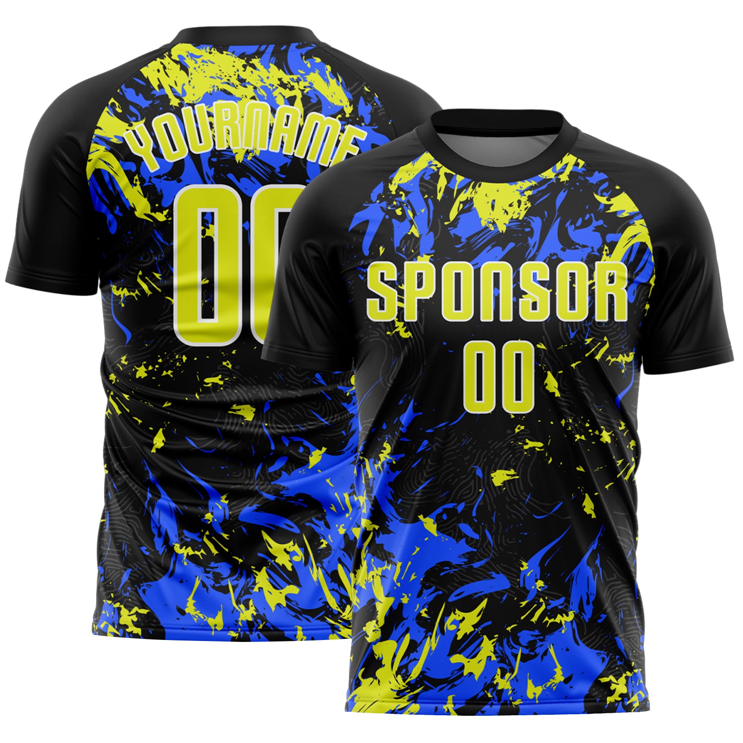Custom Black Neon Yellow Royal-White Fluid Art Splash Sublimation Soccer Uniform Jersey