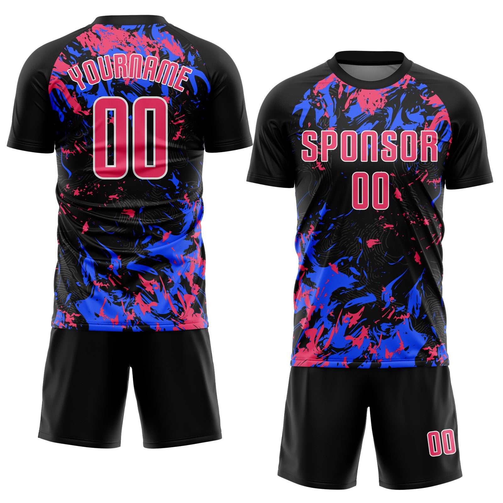 Custom Black Neon Pink Royal-White Fluid Art Splash Sublimation Soccer Uniform Jersey