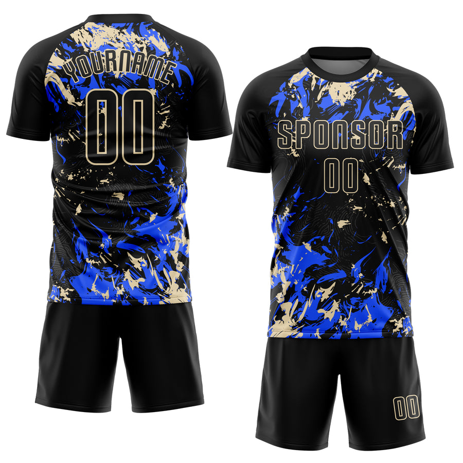 Custom Black Cream-Royal Fluid Art Splash Sublimation Soccer Uniform Jersey