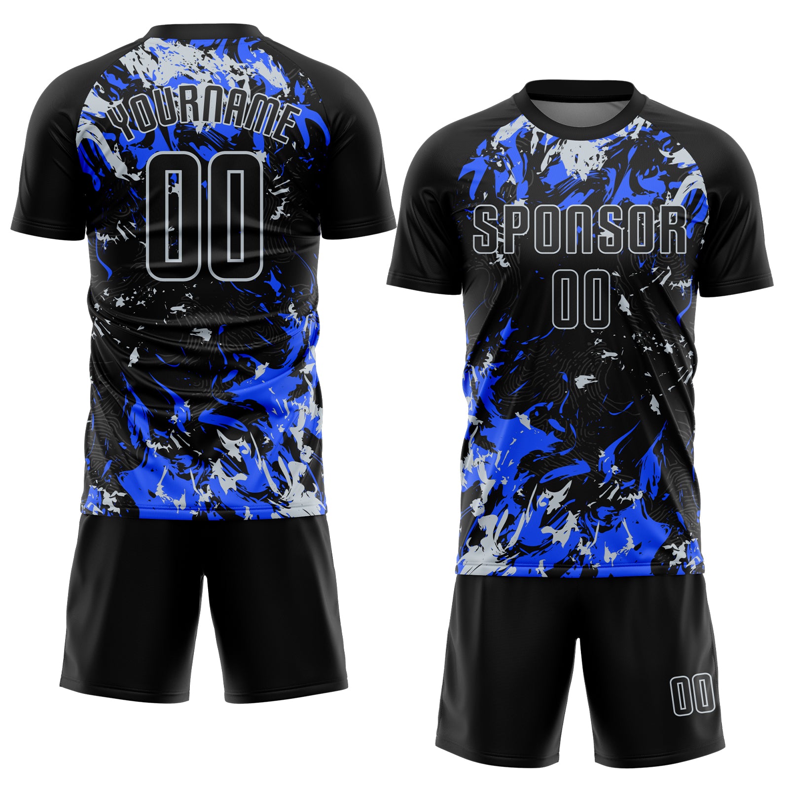 Custom Black Silver-Royal Fluid Art Splash Sublimation Soccer Uniform Jersey