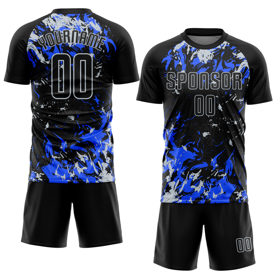 Custom Black Silver-Royal Fluid Art Splash Sublimation Soccer Uniform Jersey
