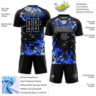 Custom Black Silver-Royal Fluid Art Splash Sublimation Soccer Uniform Jersey