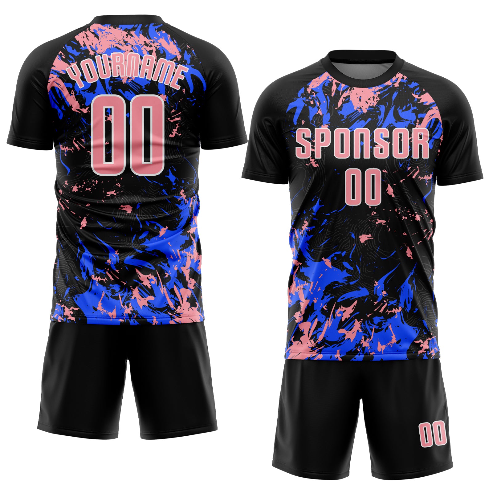Custom Black Medium Pink Royal-White Fluid Art Splash Sublimation Soccer Uniform Jersey