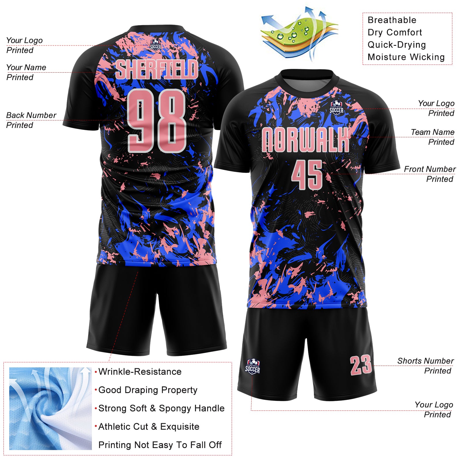 Custom Black Medium Pink Royal-White Fluid Art Splash Sublimation Soccer Uniform Jersey