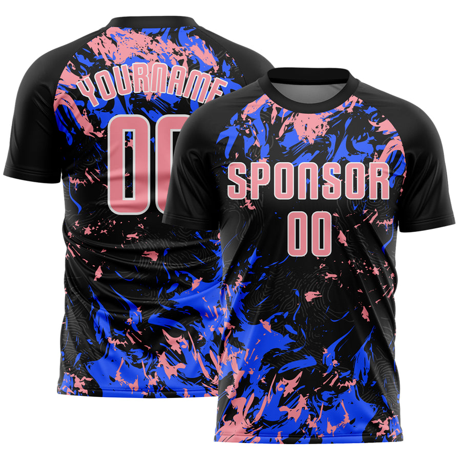 Custom Black Medium Pink Royal-White Fluid Art Splash Sublimation Soccer Uniform Jersey