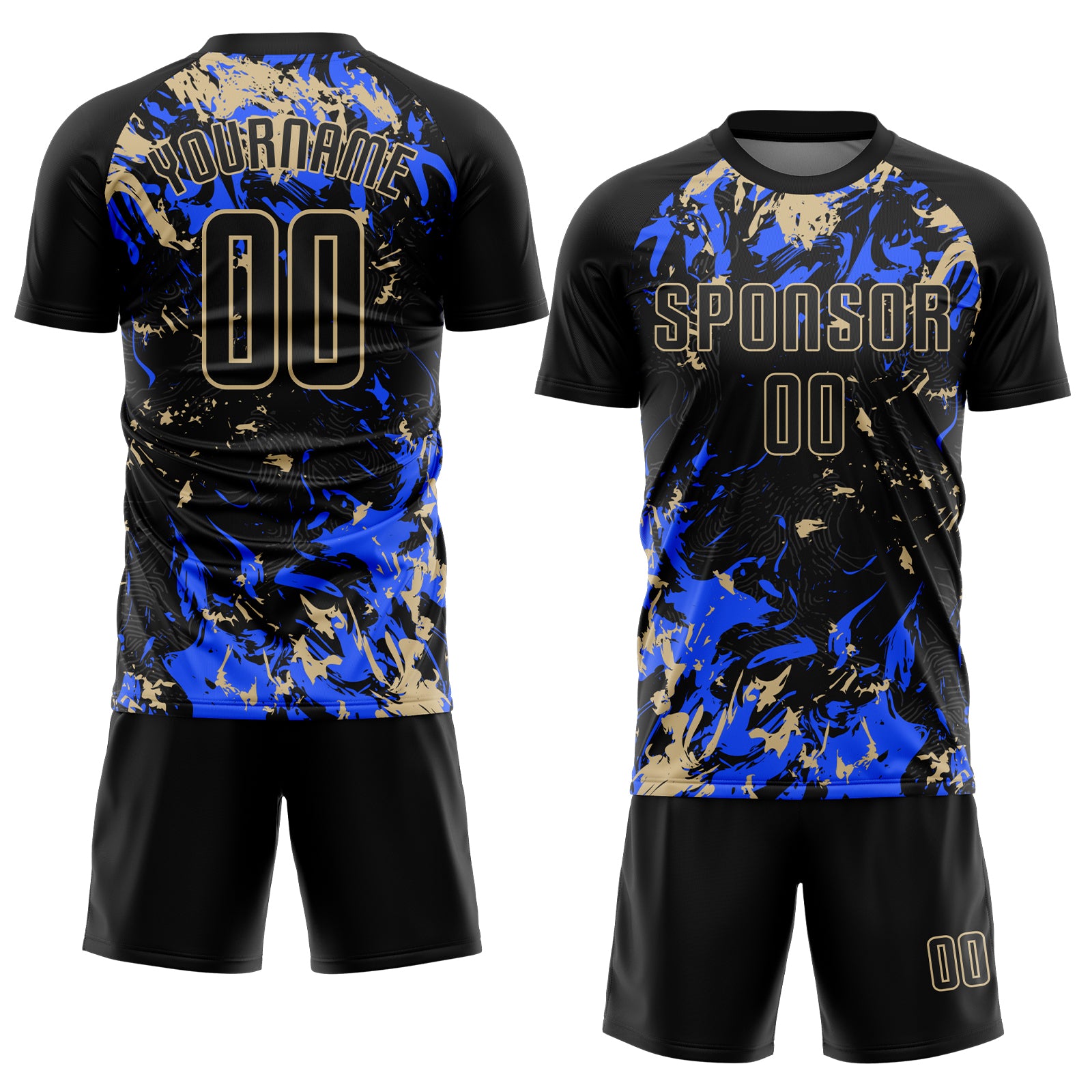 Custom Black Vegas Gold-Royal Fluid Art Splash Sublimation Soccer Uniform Jersey