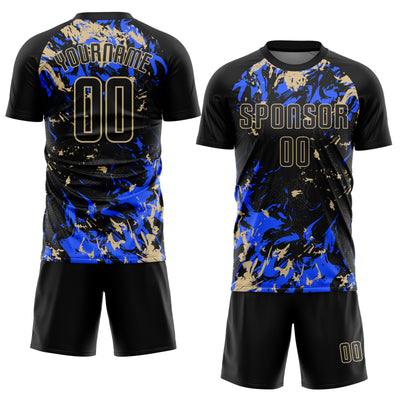 Custom Black Vegas Gold-Royal Fluid Art Splash Sublimation Soccer Uniform Jersey