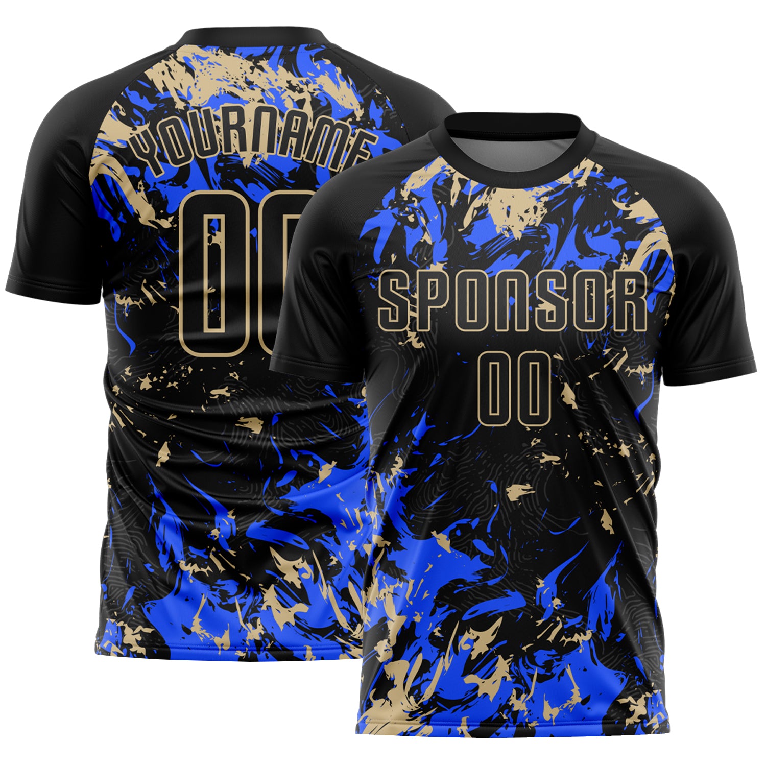 Custom Black Vegas Gold-Royal Fluid Art Splash Sublimation Soccer Uniform Jersey