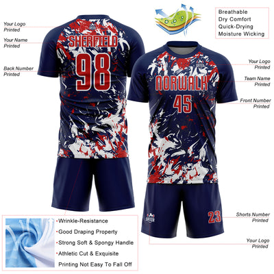 Custom Navy Red-White Fluid Art Splash Sublimation Soccer Uniform Jersey