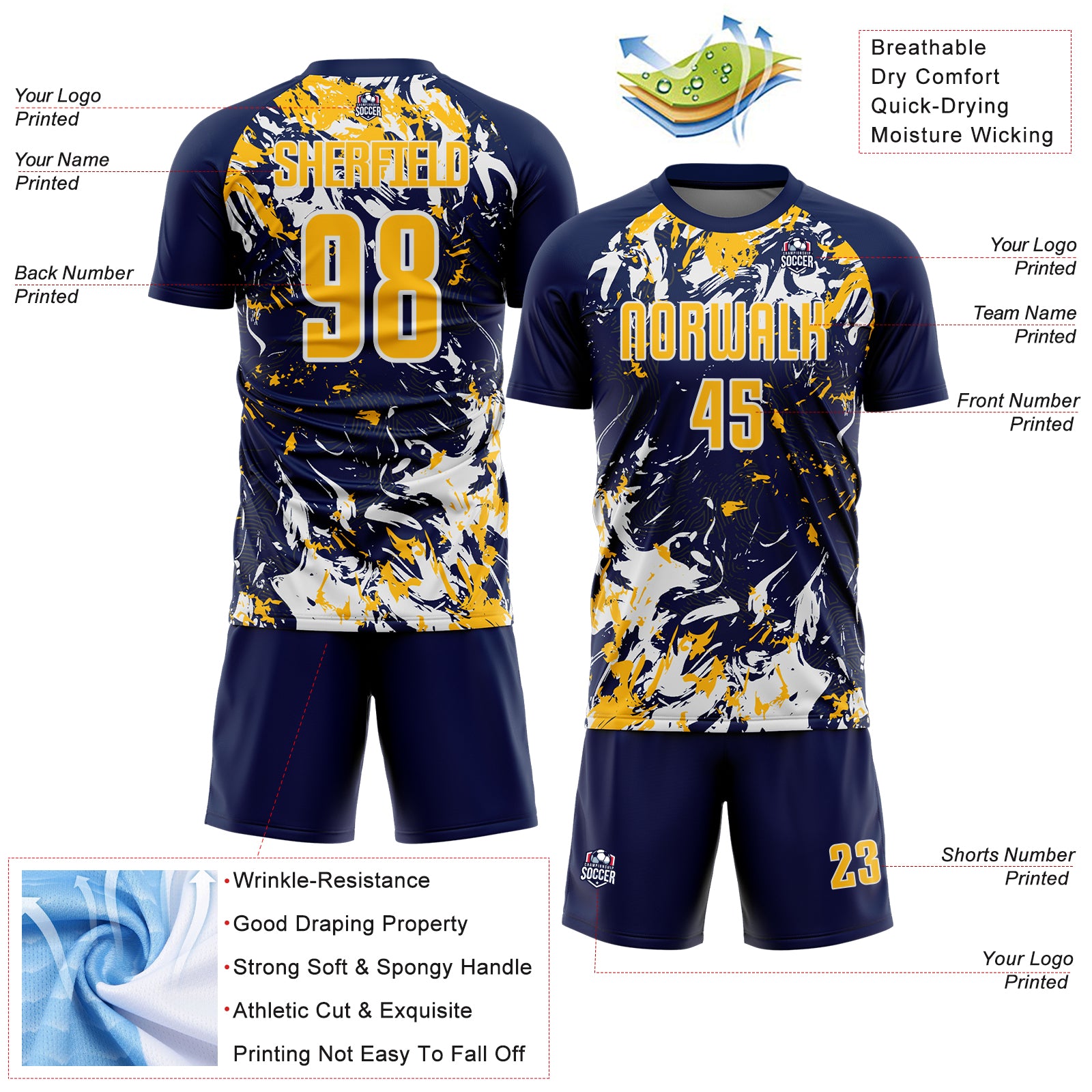 Custom Navy Gold-White Fluid Art Splash Sublimation Soccer Uniform Jersey