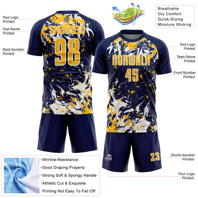 Custom Navy Gold-White Fluid Art Splash Sublimation Soccer Uniform Jersey