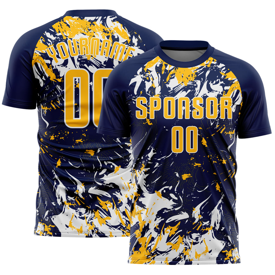 Custom Navy Gold-White Fluid Art Splash Sublimation Soccer Uniform Jersey