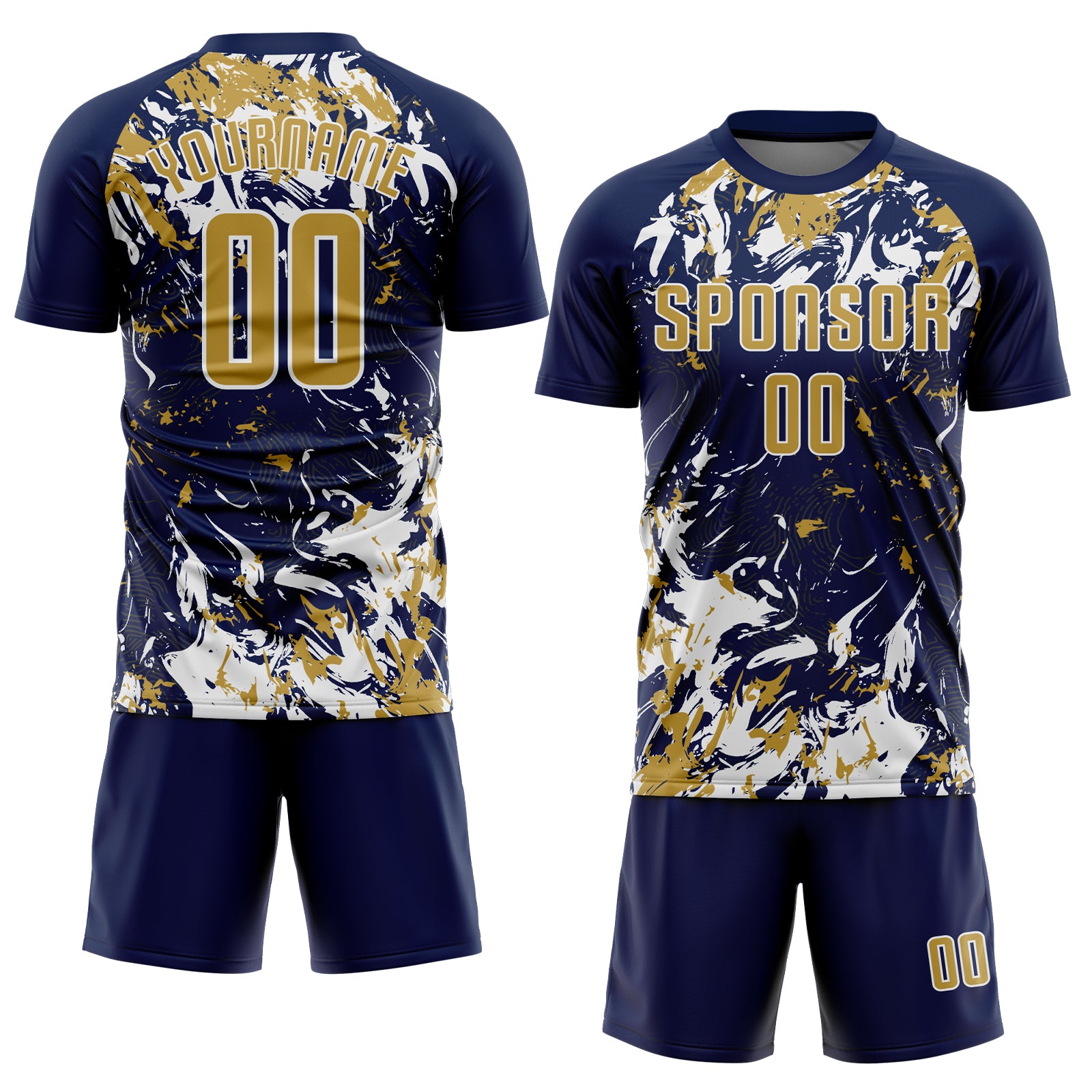 Custom Navy Old Gold-White Fluid Art Splash Sublimation Soccer Uniform Jersey