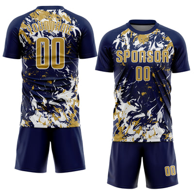Custom Navy Old Gold-White Fluid Art Splash Sublimation Soccer Uniform Jersey