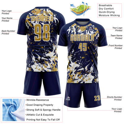 Custom Navy Old Gold-White Fluid Art Splash Sublimation Soccer Uniform Jersey