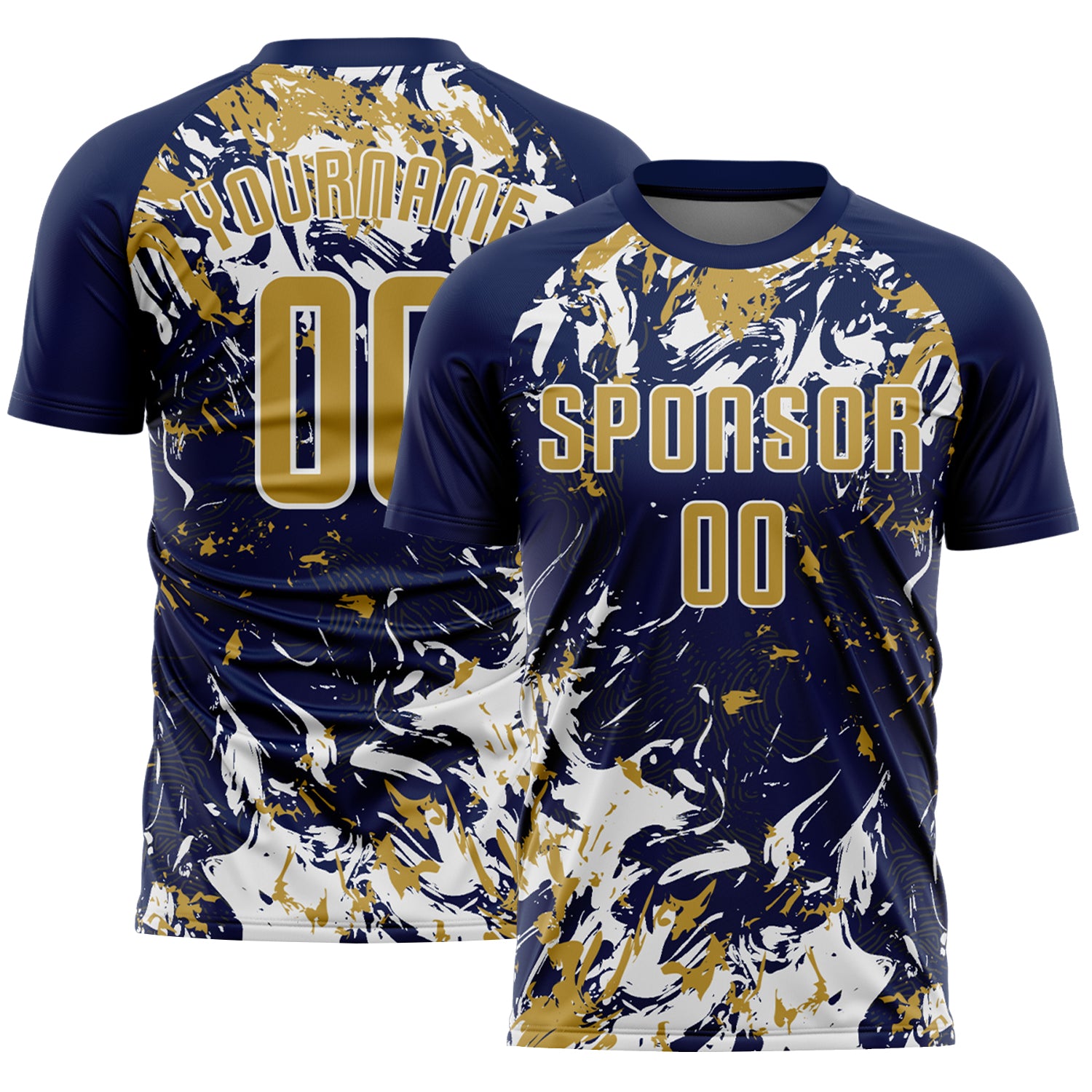 Custom Navy Old Gold-White Fluid Art Splash Sublimation Soccer Uniform Jersey