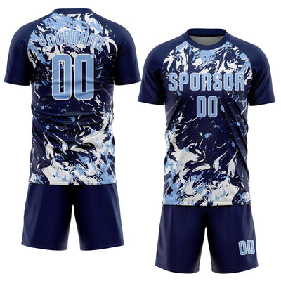 Custom Navy Light Blue-White Fluid Art Splash Sublimation Soccer Uniform Jersey