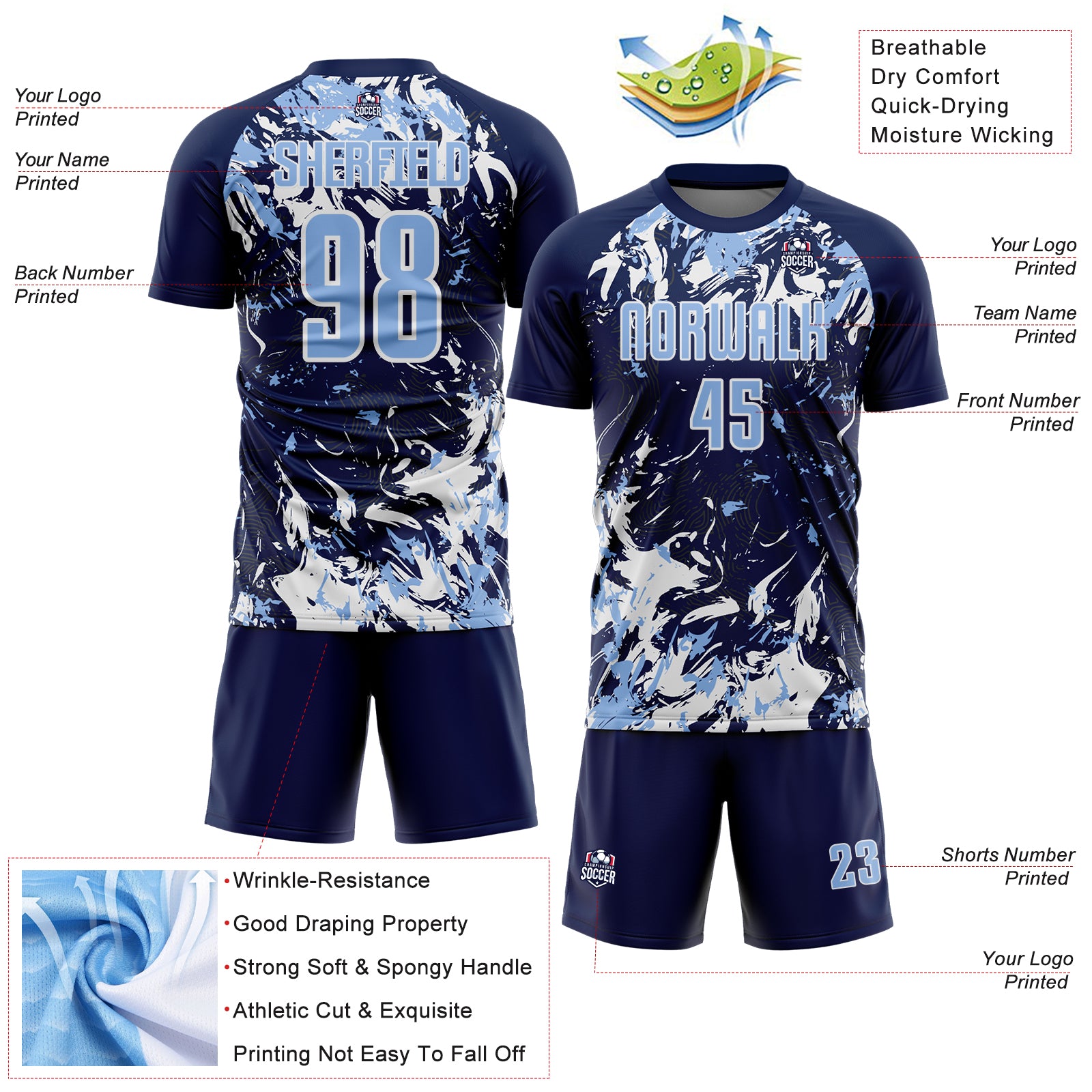 Custom Navy Light Blue-White Fluid Art Splash Sublimation Soccer Uniform Jersey