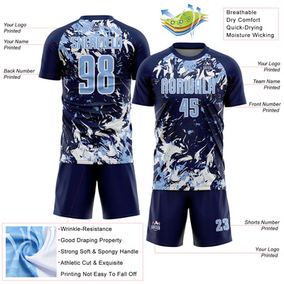 Custom Navy Light Blue-White Fluid Art Splash Sublimation Soccer Uniform Jersey