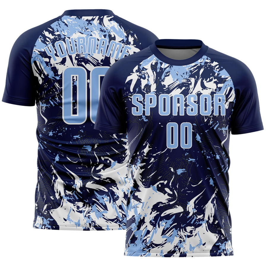 Custom Navy Light Blue-White Fluid Art Splash Sublimation Soccer Uniform Jersey