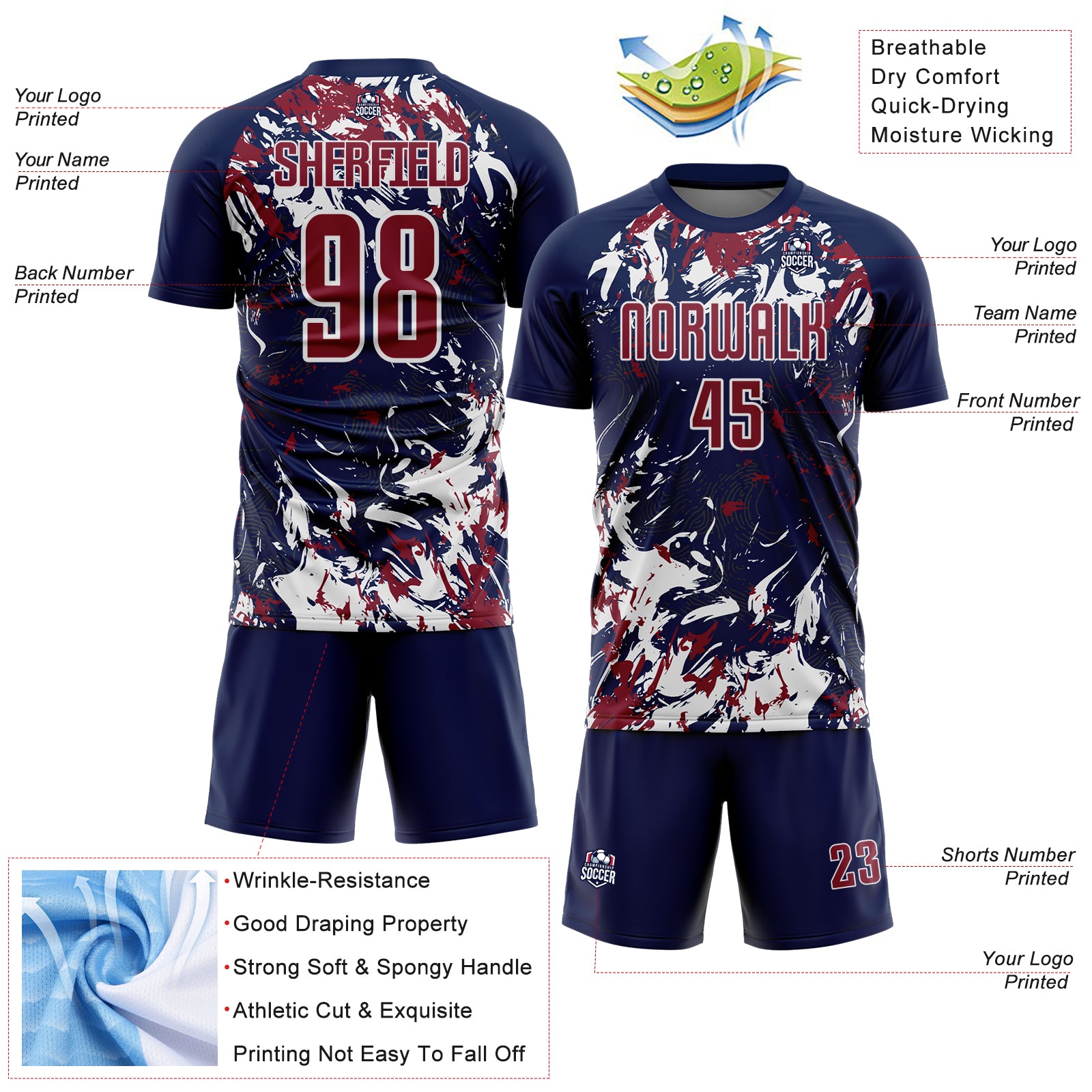 Custom Navy Crimson-White Fluid Art Splash Sublimation Soccer Uniform Jersey