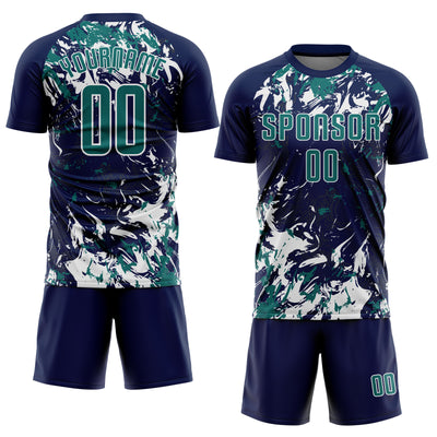 Custom Navy Teal-White Fluid Art Splash Sublimation Soccer Uniform Jersey