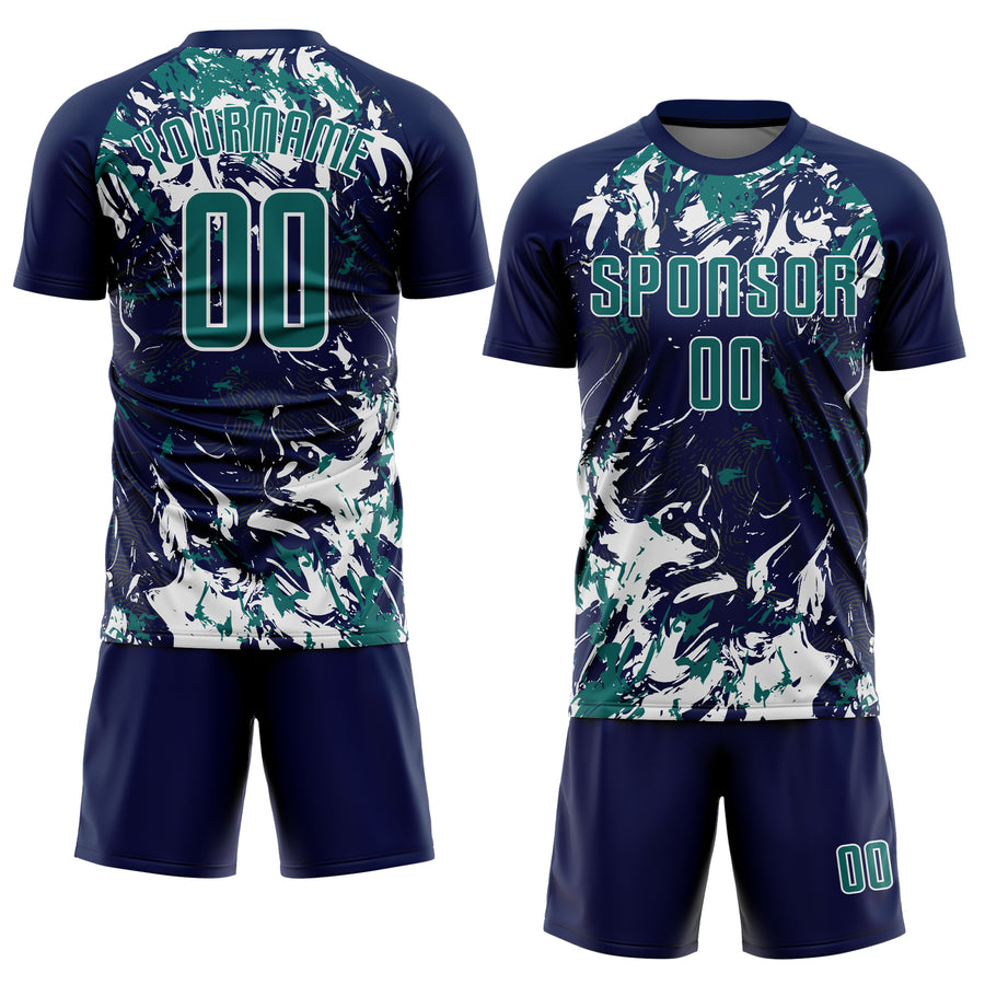 Custom Navy Teal-White Fluid Art Splash Sublimation Soccer Uniform Jersey
