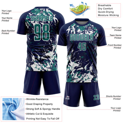 Custom Navy Teal-White Fluid Art Splash Sublimation Soccer Uniform Jersey