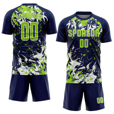 Custom Navy Neon Green-White Fluid Art Splash Sublimation Soccer Uniform Jersey