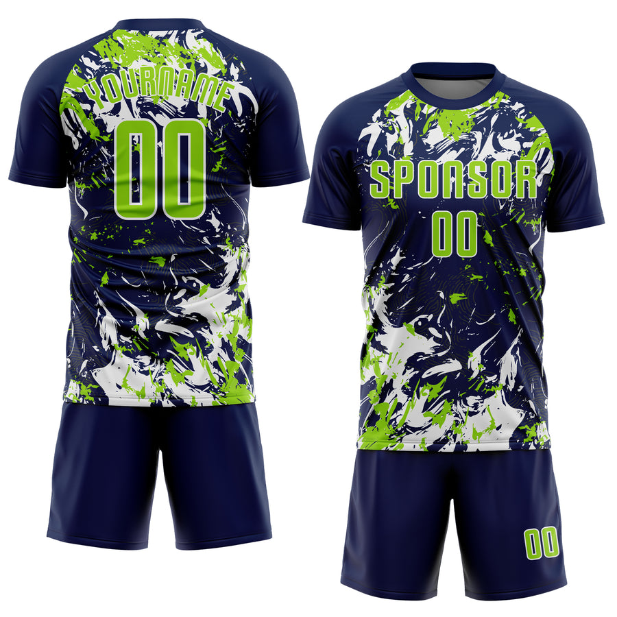 Custom Navy Neon Green-White Fluid Art Splash Sublimation Soccer Uniform Jersey