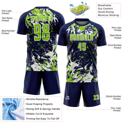 Custom Navy Neon Green-White Fluid Art Splash Sublimation Soccer Uniform Jersey