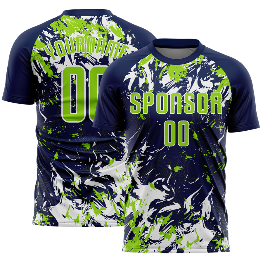 Custom Navy Neon Green-White Fluid Art Splash Sublimation Soccer Uniform Jersey
