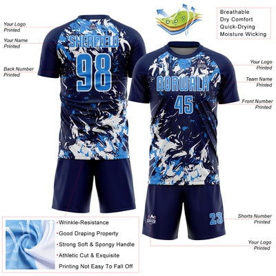 Custom Navy Powder Blue-White Fluid Art Splash Sublimation Soccer Uniform Jersey