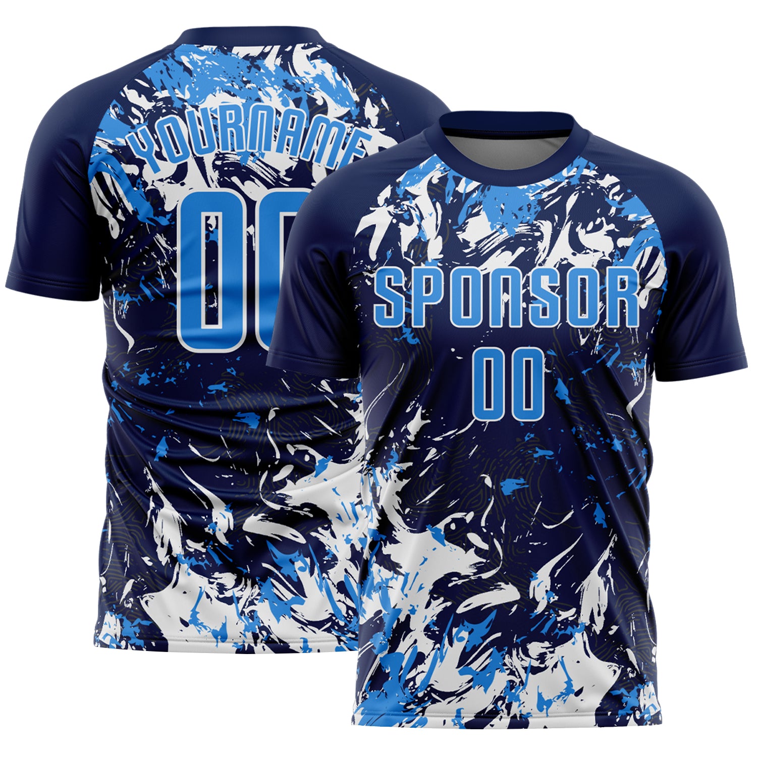 Custom Navy Powder Blue-White Fluid Art Splash Sublimation Soccer Uniform Jersey