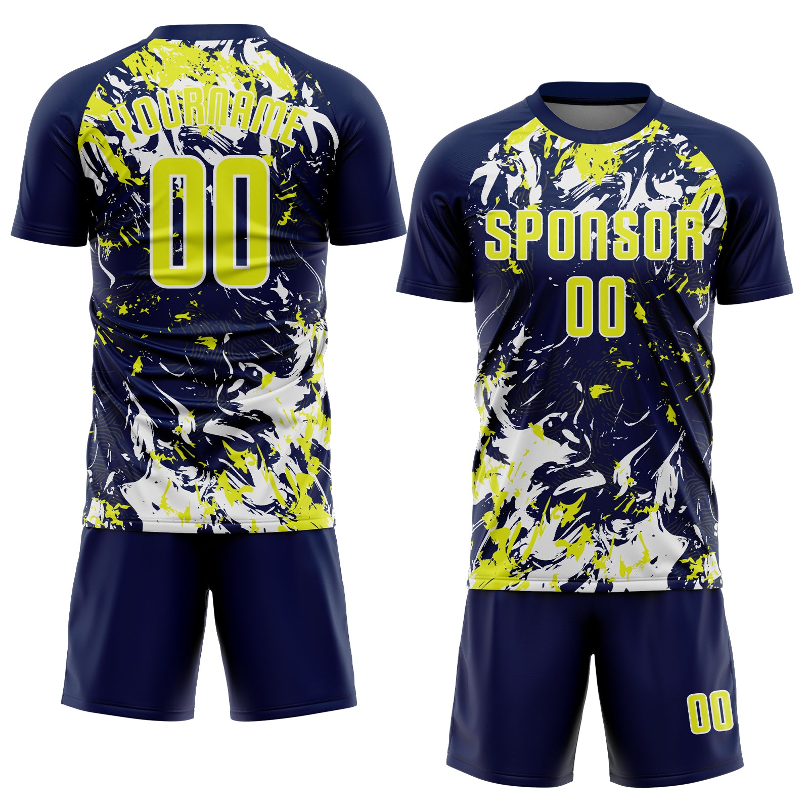 Custom Navy Neon Yellow-White Fluid Art Splash Sublimation Soccer Uniform Jersey