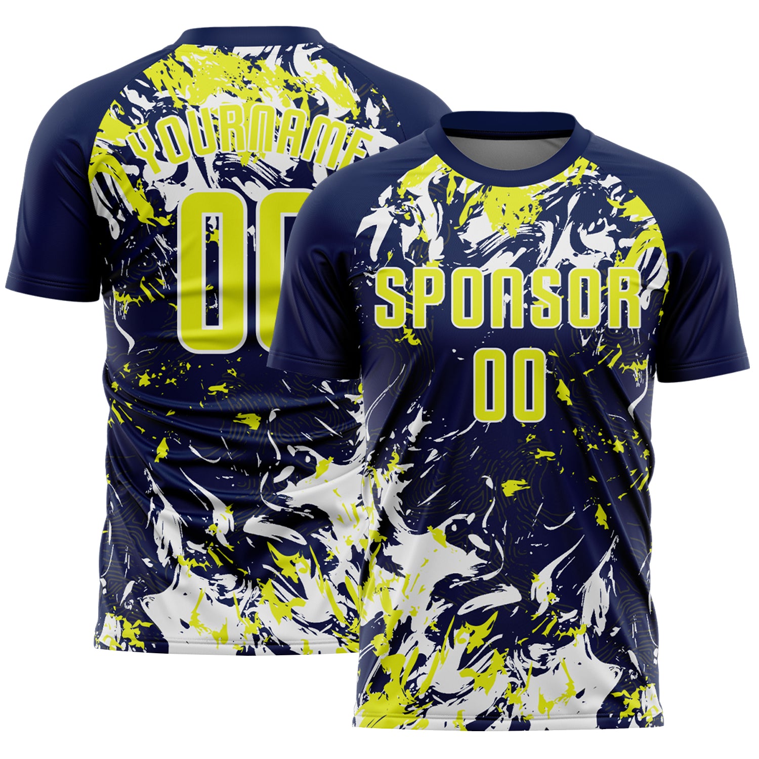 Custom Navy Neon Yellow-White Fluid Art Splash Sublimation Soccer Uniform Jersey