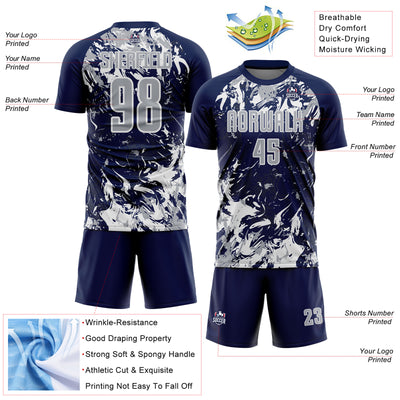 Custom Navy Gray-White Fluid Art Splash Sublimation Soccer Uniform Jersey