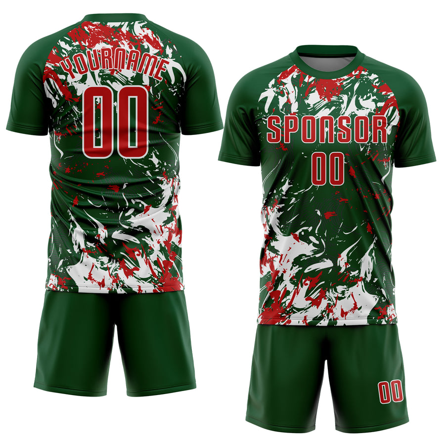 Custom Green Red-White Fluid Art Splash Sublimation Soccer Uniform Jersey